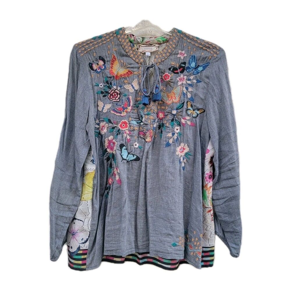 Johnny Was Mariposa Effortless Silk Embroidered Top Sz S  Whimsical Fairy